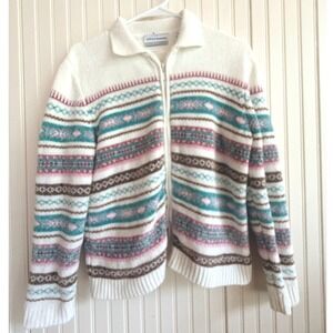 Alfred Dunner Zip Up Cardigan Sweater‎ Fair Isle Chenille White Petite Medium